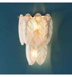 a white light fixture hanging from the side of a wall in a room with blue walls