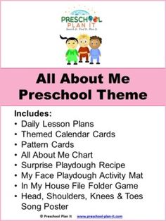 an all about me preschool theme is shown in this pink and white poster with the words,