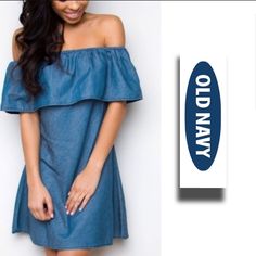 Old Navy Blue Denim Off Shoulder Dress Size Xs Off Shoulder Chambray/Denim Elastic Top Blue Washed Mini Denim Dress, Blue Washed Denim Mini Dress, Dark Wash Mini Length Denim Top, Casual Dark Wash Denim Top In Mini Length, Casual Dark Wash Denim Crop Top, Summer Washed Blue Denim Dress, Casual Blue Denim Dress, Blue Denim Dress For Day Out, White Star Dress