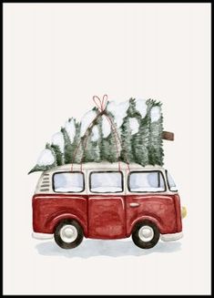 a red vw bus with christmas trees on top