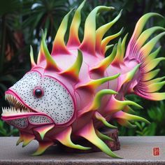 a pink and yellow sculpture of a fish with spikes on it's back end