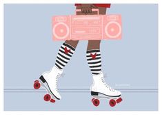 a person riding roller skates with a boombox on their back and feet in striped socks