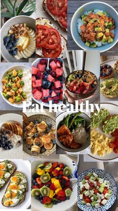 a collage of pictures with different types of food and words that say eat healthy