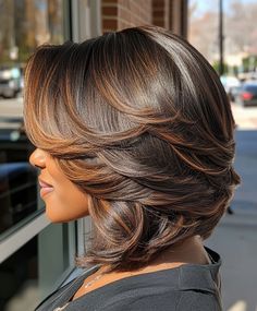 Elegant Layered Bob with Ginger Highlights for Black Women 💃 Shaggy Short Hair Black Women, Bob With Layers Black Women, Side Bob Black Women, Black Hair Bobs, Layered Bob Black Women, Highlights On Black Women, Highlights For Black Women, Short Blowout, Layered Bob Hairstyles For Black Women