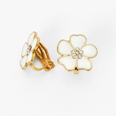 Discover the power of a flower with no piercing required with these pretty clip on gold-tone earrings. Bright white flowers are accented with faux crystal centers for a welcome bit of sparkle. Finish: Gold-tone Closure: Clip On Material: Metal - Claire's Embellished White Flower Clip On Stud Earrings