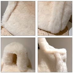 four pictures of the inside of a white fur coat, with different angles and textures