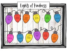 a bulletin board with christmas lights on it and the words lights of kindness written below