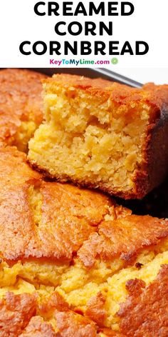 Creamed corn cornbread with title text at the top. Doctored Cornbread, Jiffy Cornbread Recipes With Corn, Jiffy Cornbread With Corn, Jiffy Cornbread Recipes Moist, Jiffy Cornbread With Cream Corn, Creamed Cornbread, Cornbread Recipe With Creamed Corn, Cornbread With Creamed Corn, Best Creamed Corn