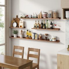 the shelves are filled with different types of condiments on them, and there is no one in the room