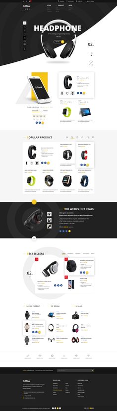 the website design for headphone is shown in black and white colors, with yellow accents