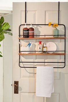 a bathroom with a towel rack and toiletries hanging on the wall next to a potted plant