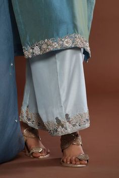 Buy Blue Chanderi Embroidered Pearls Band Collar Kurta Pant Set For Women by Palak Khandelwal Online at Aza Fashions. Plazo Designs, Dress Designs For Stitching, Collar Kurta, Embroidery Dress Pattern, Eastern Dresses, Embroidery Fashion Detail, Blue Pearls, Bollywood Dress, Kurta Pant Set