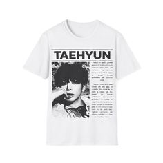 a white t - shirt with an image of taehyn on it