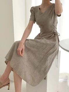 Long Sleeve Evening Gowns, Long Linen Dress, Wrap Around Dress, Drawstring Dresses, Beige Dresses, Long Summer Dresses, Modest Dresses, Flowing Maxi Dress, Summer Dresses For Women