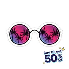 a pair of sunglasses with palm trees printed on the lens and 50 % off sale