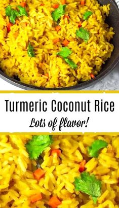 two pictures with different types of rice in them and the words turmic coconut rice cost of flavor