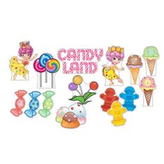 the candy land sign is surrounded by assorted candies and lollipops