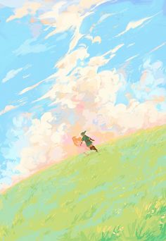 a painting of a bird flying over a grassy hill with clouds in the sky behind it