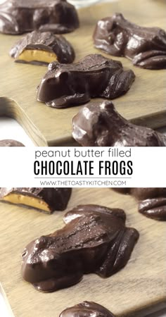 chocolate frosted frogs on a cutting board with the words, peanut butter filled chocolate frogs