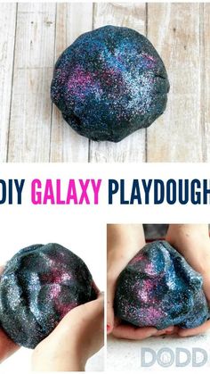 the process to make galaxy playdouh is shown in three different pictures, including one with