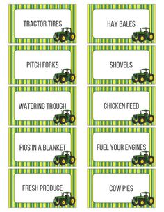 tractor themed name tags with tractors and stripes in green, yellow and white colors on them