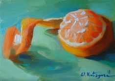 an oil painting of an orange on a green background