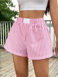 Pink Casual Collar  Woven Fabric Striped Straight Leg Embellished Non-Stretch  Women Clothing Girls Shorts, Rose Bonbon, Shorts Casual, Casual Spring, Girls Pajamas, Kids Beachwear, Primavera Estate, Short Girls, New Outfits