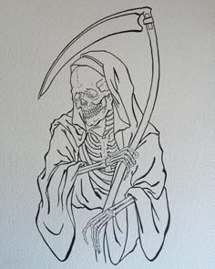 a drawing of a skeleton holding a scythe