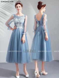 Light Blue Knee-length Dress For Banquet, Blue Homecoming Dresses Long Sleeve, Blue Knee-length Evening Dress For Prom, Knee-length Blue Evening Dress For Prom, Blue A-line Evening Dress For Spring, Blue Long Sleeve Dress For Prom Season, Blue Spring Banquet Dress, Light Blue Knee-length Dress For Banquets, Blue A-line Midi Dress For Banquet