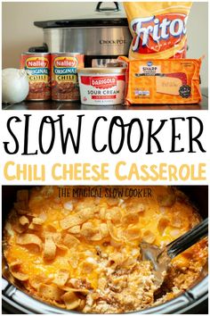 slow cooker chili cheese casserole with ingredients in the background and text overlay