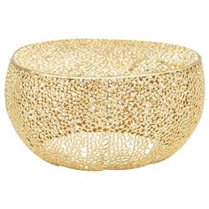 a gold colored bowl with holes in the middle and an intricate design on the bottom