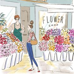 two women are standing in front of flower shop