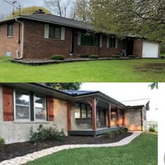 before and after photos of a brick house with green grass in the front yard, and on the side