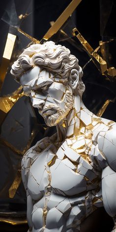 a white statue with gold foil on it's face and chest, in front of a black background