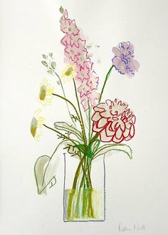 a watercolor drawing of flowers in a vase