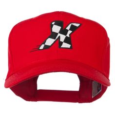 Checkered Flag Alphabet Embroidered Red High Profile Cap Red Cotton Trucker Hat With Embroidered Logo, Red Flat Bill Baseball Cap For Sports Events, Red Trucker Hat With Embroidered Logo, Red Trucker Hat With Embroidered Logo Visor, Red Baseball Cap With Curved Visor, Red Cotton Trucker Hat With Curved Bill, Red Hats With Embroidered Logo And Curved Visor, Red Trucker Hat With Curved Visor For Sports Events, Red Cotton Snapback Hat With Embroidered Logo