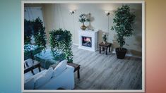 a living room filled with furniture and lots of green plants on the wall next to a fire place