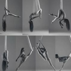 four different poses of a woman hanging upside down on a hammock with two hands