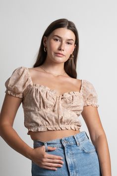 Regency Floral Puff Sleeve Crop Top in Sand - $42 | Tobi US Feminine Long Sleeve Puff Top With Floral Print, Summer Floral Print Crop Top With Puff Sleeves, Pink Puff Sleeve Feminine Crop Top, Summer Floral Print Puff Sleeve Crop Top, Fitted Puff Sleeve Top With Ruffles, Cropped, Puff Sleeve Crop Top, High Waisted Jeans, Cute Top, First Date