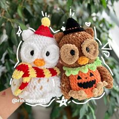 two crocheted owls with hats and scarves