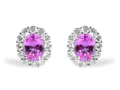 2.14 ctw Oval Cut Pink Sapphire & Diamond Earrings - HANIKEN JEWELERS NEW-YORK Dazzling Oval Earrings With Brilliant Cut, Exquisite Oval Earrings With Prong Setting, Exquisite Oval Prong Set Earrings, Oval Brilliant Cut Wedding Earrings, Oval Brilliant Cut Earrings For Wedding, Brilliant Cut Oval Earrings For Wedding, Formal Oval Earrings With Halo Setting, Oval Halo Setting Earrings For Formal Occasions, Classic Oval Earrings With Halo Setting