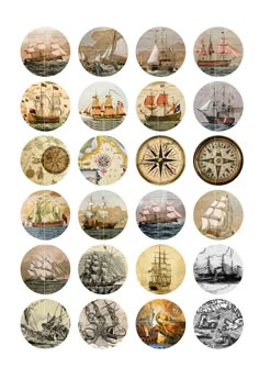 an assortment of ships are depicted in this set of twelve - sided images, each painted with different colors and sizes