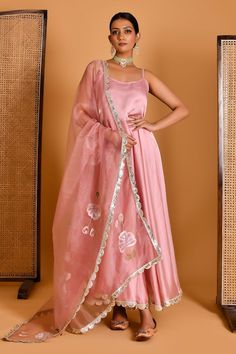 Rose gold pleated flare anarkali, elevated with scallop trimmed embroidery. Paired with a pant and dupatta with hand painted floral motifs and embroidery work. - Aza Fashions Embroidery Anarkali, Painted Dupatta, Rose Gold Satin, Silk Anarkali, Luxury Sale, Gold Satin, Silk Embroidery, Satin Silk, Embroidery Work