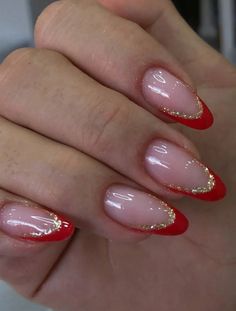 Cute Nails For Hoco Short, Hoco Nails For A Red Dress, Almond Nails Hoco, Red Nails On Natural Nails, Hoco Nails Almond Shape, Red Hoco Nails Almond, French Tip Almond With Design, Red French Tip With Gold Line, Red Glitter Ombré Nails