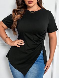 Preto Casual Collar Manga Curta Tecido de malha Simples  Embellished Elasticidade Média Split, Plus Size Kleidung, Casual Denim, Trendy Tops, Asymmetric Hem, Plus Size T Shirts, Kids Beachwear, Casual T Shirts, Plus Size Tops