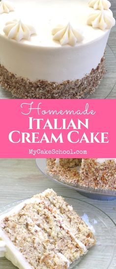 homemade italian cream cake with white frosting and sprinkles