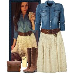 A fashion look from February 2014 featuring Replay blouses, River Island skirts and Salvatore Ferragamo boots. Browse and shop related looks. Mode Country, Mode Tips, Fest Outfits, Looks Country, Country Girls Outfits, Country Fashion, Style Steal, Denim And Lace, Trend Fashion