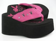 Pink Playboy Bunny, Pink Playboy, Mcbling Fashion, Y2k Shoes, Catty Noir, Early 2000s Fashion, Wedge Flip Flops