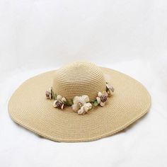 Floppy Wide Brim Sun Hat with Organza Flowers-Hats-Innovato Design-Khaki-Innovato Design Casual Beach Wedding Hat, Sun Hat With Flowers, Cream Straw Hat For The Beach, Adjustable Straw Hat For Spring Beach Party, White Straw Hat For Garden Party And Beach Season, White Hat For Spring Beach Party, Adjustable Summer Sun Hat With Flower Design, Adjustable Sun Hat With Flower Design For Vacation, Adjustable Summer Sun Hat With Flower Shape