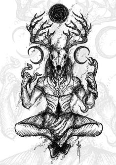 a drawing of a demon sitting in the middle of a lotus position with horns on his head